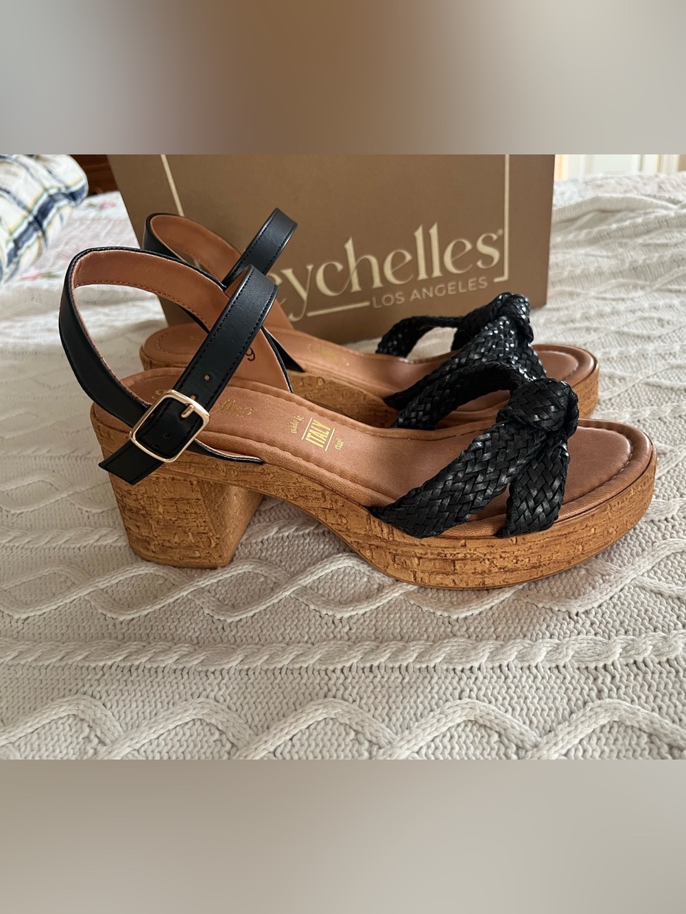 Seychelles Black Braided Cork Block Heel Adjustable Sandal Various Sizes